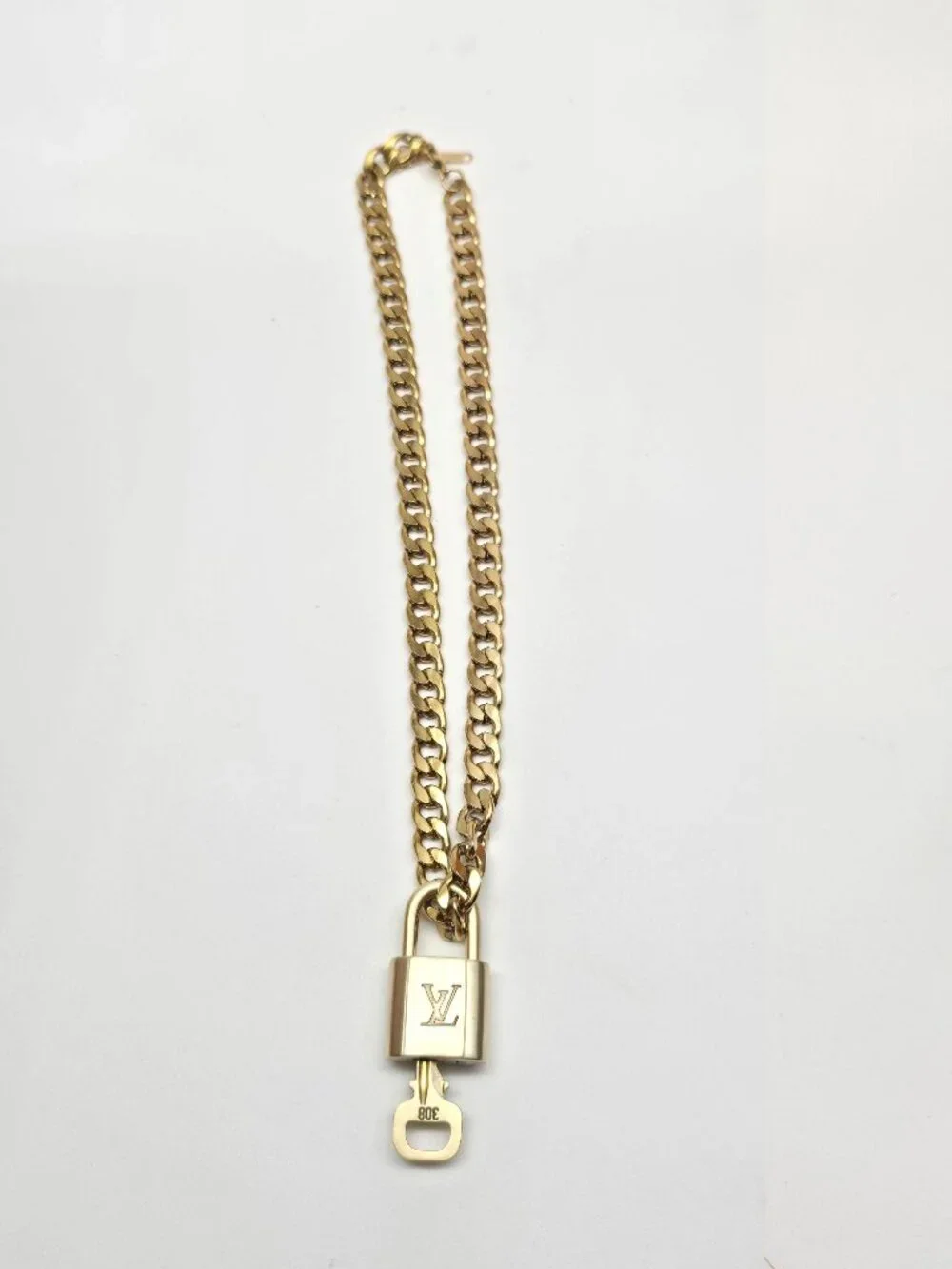 Authentic Louis Vuitgon Gold Padlock Pendant w/ Unbranded Cuban Stainless Steel